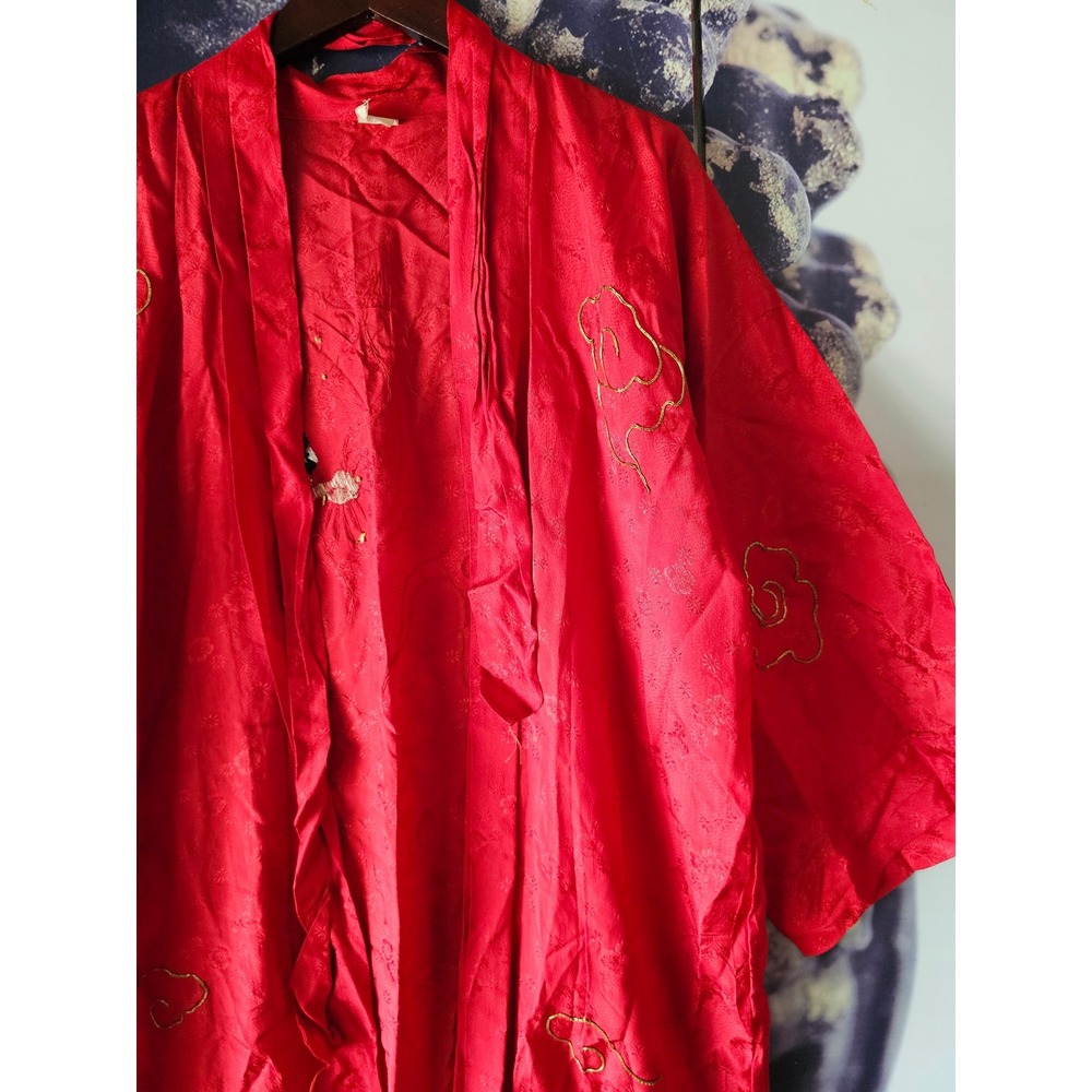 Vintage Red Satin Kimono Robe Gold Dragon Embroidery Long Loungewear Dress - Picture 8 of 13